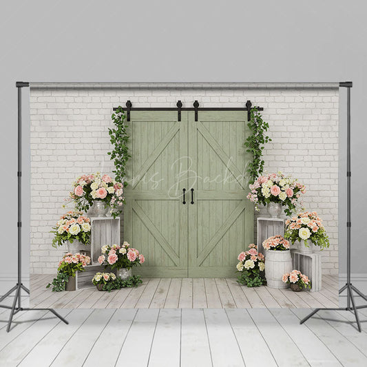 Lofaris Boho Green Wood Door Bricks Floral Wedding Backdrop