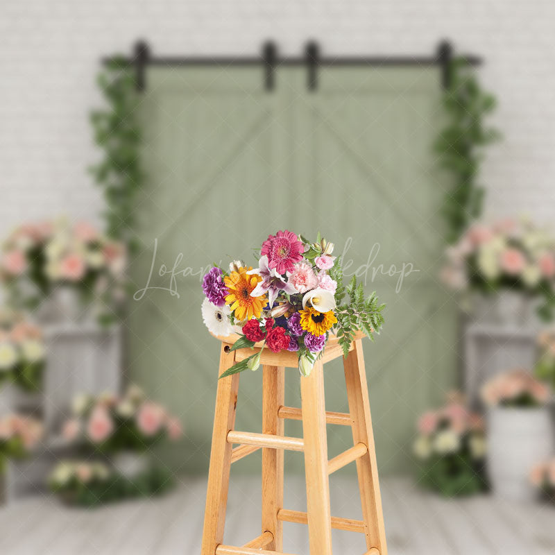 Lofaris Boho Green Wood Door Bricks Floral Wedding Backdrop