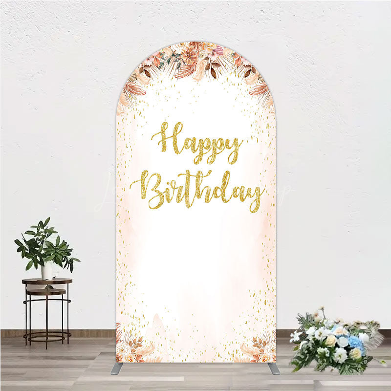 Lofaris Boho Happy Birthday Arch Backdrop Pampas Grass and Dried Flowers with Gold Glitter Rustic Floral Photo Prop