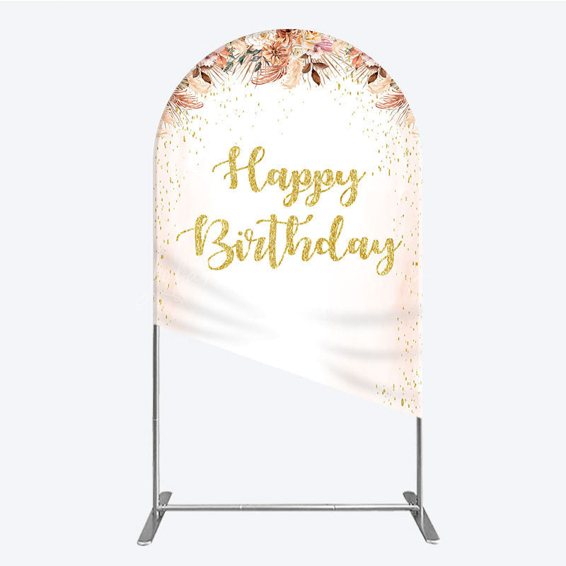 Lofaris Boho Happy Birthday Arch Backdrop Pampas Grass and Dried Flowers with Gold Glitter Rustic Floral Photo Prop