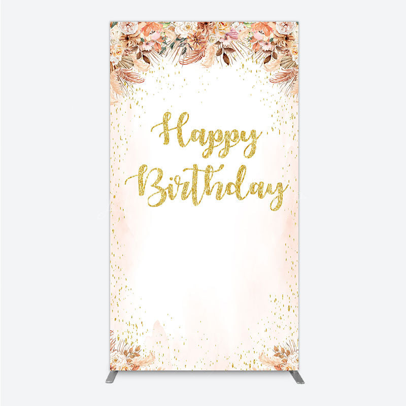 Lofaris Boho Happy Birthday Rectangle Backdrop Pampas Grass and Dried Flowers with Gold Glitter Rustic Floral Photo Prop