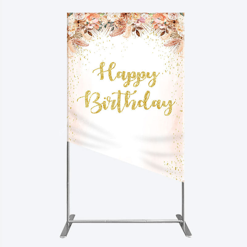 Lofaris Boho Happy Birthday Rectangle Backdrop Pampas Grass and Dried Flowers with Gold Glitter Rustic Floral Photo Prop
