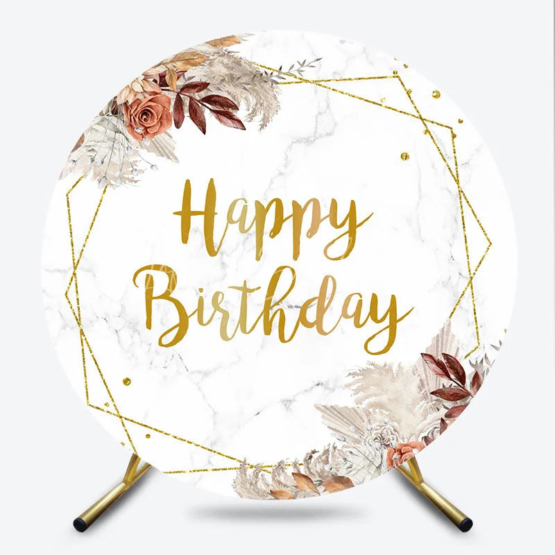 Lofaris Boho Happy Birthday Round Backdrop with Pampas Grass Dried Palm and Floral on Marble Rose Gold Party Decor
