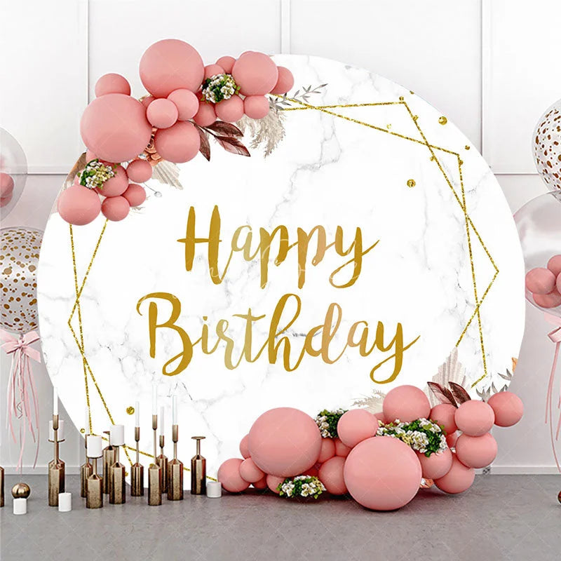 Lofaris Boho Happy Birthday Round Backdrop with Pampas Grass Dried Palm and Floral on Marble Rose Gold Party Decor