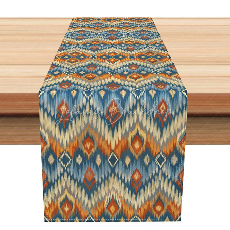 Lofaris Boho Ikat Geometric Table Runner Blue and Orange Tribal Pattern Rustic Farmhouse Dining Decor