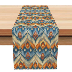 Lofaris Boho Ikat Geometric Table Runner Blue and Orange Tribal Pattern Rustic Farmhouse Dining Decor