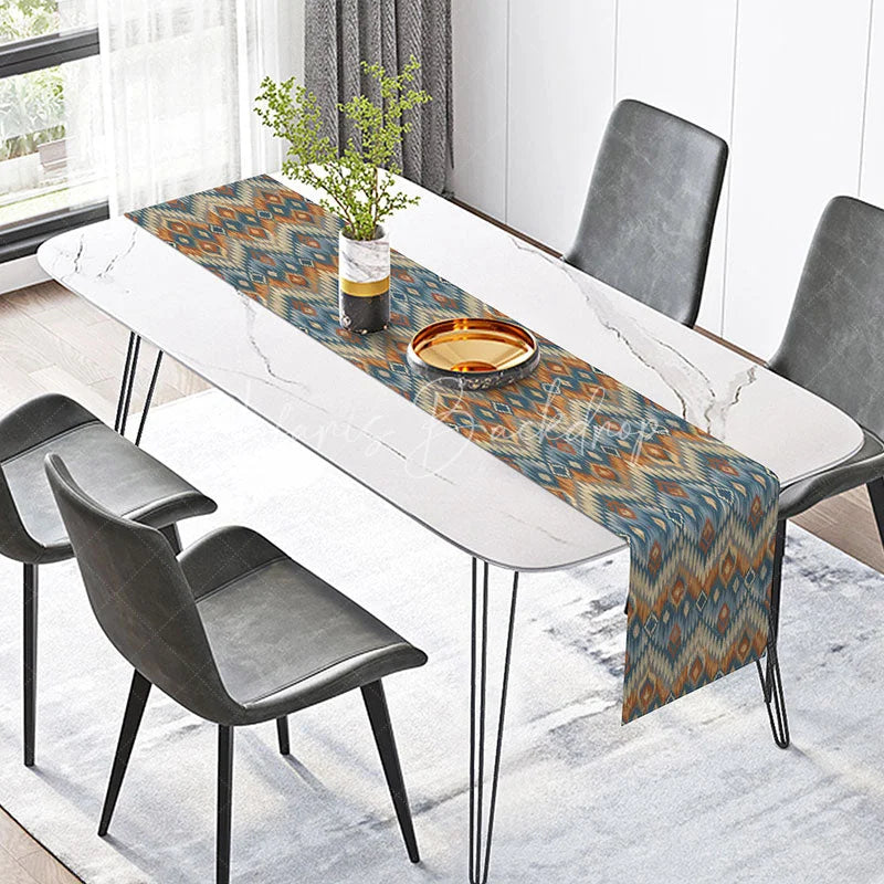 Lofaris Boho Ikat Geometric Table Runner Blue and Orange Tribal Pattern Rustic Farmhouse Dining Decor