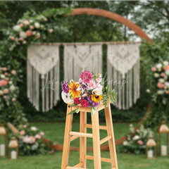 Lofaris Boho Macrame Floral Greenery Arch Photography Backdrop with Lanterns for Wedding Ceremony and Outdoor Event Decor