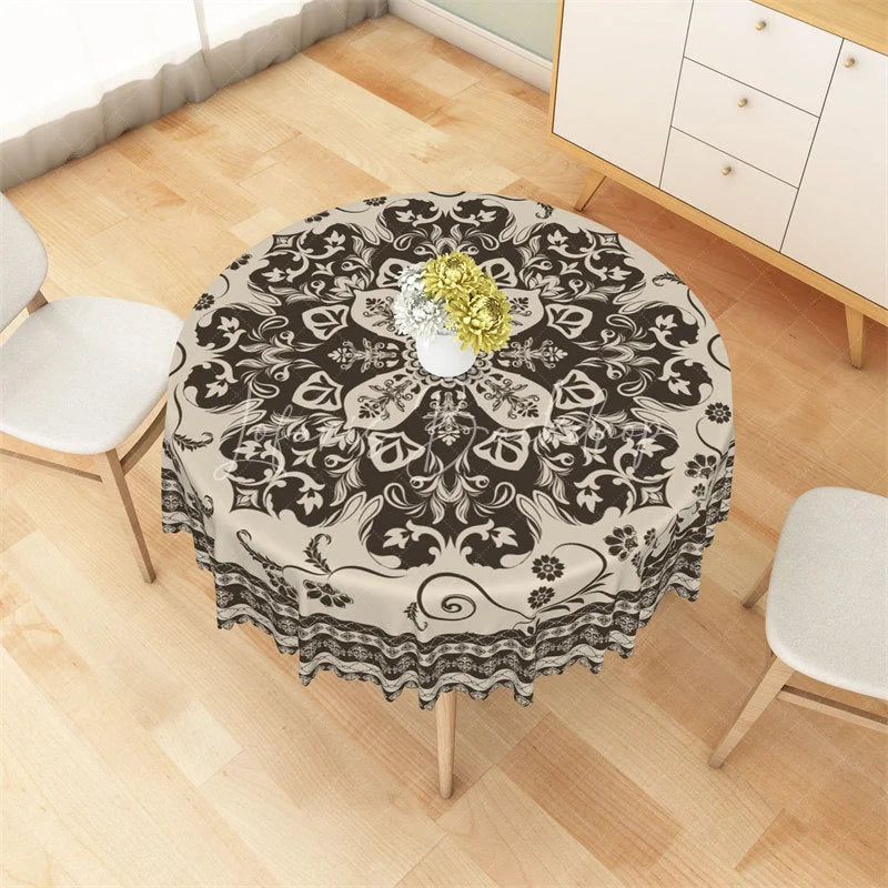 Lofaris Boho Mandala Floral Round Tablecloth Vintage Brown Ethnic Pattern Table Cover for Dining Room
