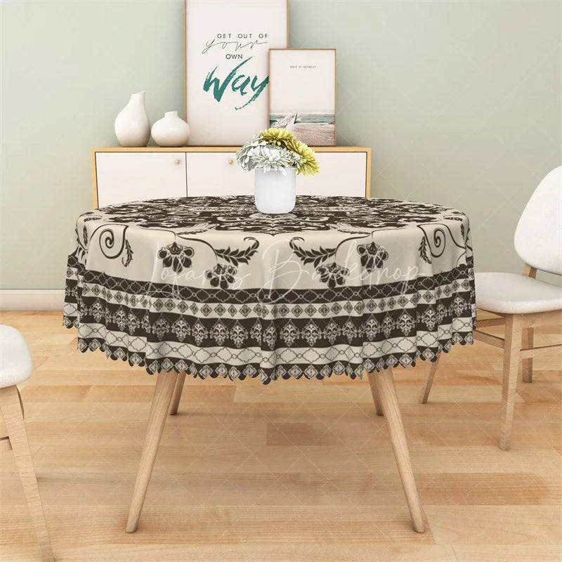 Lofaris Boho Mandala Floral Round Tablecloth Vintage Brown Ethnic Pattern Table Cover for Dining Room