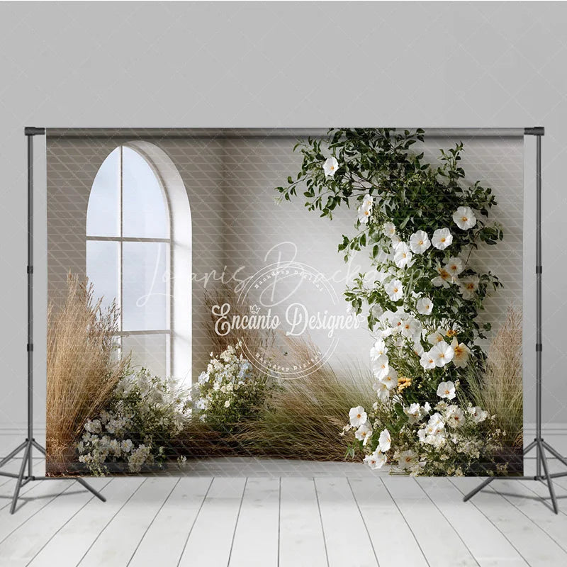 Lofaris Boho Minimalist Wedding Backdrop Arch Window with White Flowers Pampas Grass Greenery Photography Background