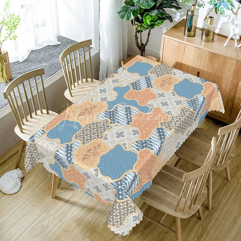 Lofaris Boho Patchwork Rectangle Tablecloth Blue Orange Geometric Floral Batik Cover Ethnic Style Dining Room Decor