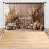 Lofaris Boho Pink Floral Curtain Wood Floor Combo Set Backdrop