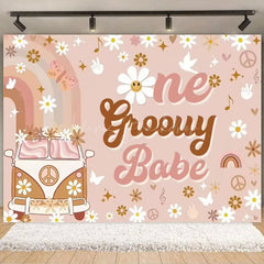 Lofaris Boho Rainbow Groovy One Birthday Backdrop Daisy Floral and Bus Perfect Party Scene Decor for Girls