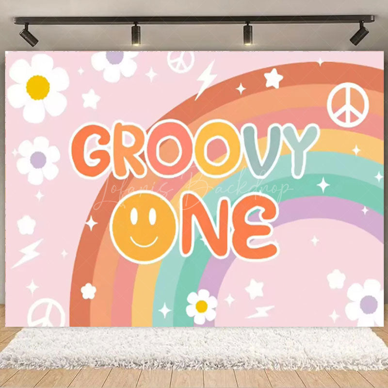 Lofaris Boho Rainbow Groovy One Birthday Backdrop Daisy Floral and Bus Perfect Party Scene Decor for Girls