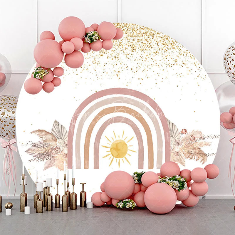 Lofaris Boho Rainbow Round Backdrop for Baby Shower Pampas Grass and Sun Neutral Birthday Party Photo Booth Decor