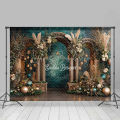 Lofaris Boho Teal and Gold Christmas Backdrop Rustic Wood Arch Pampas Grass Photography Background