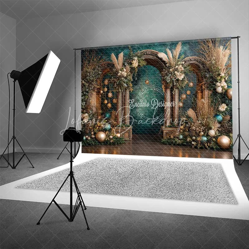 Lofaris Boho Teal and Gold Christmas Backdrop Rustic Wood Arch Pampas Grass Photography Background