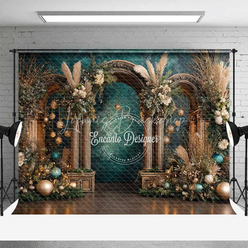 Lofaris Boho Teal and Gold Christmas Backdrop Rustic Wood Arch Pampas Grass Photography Background