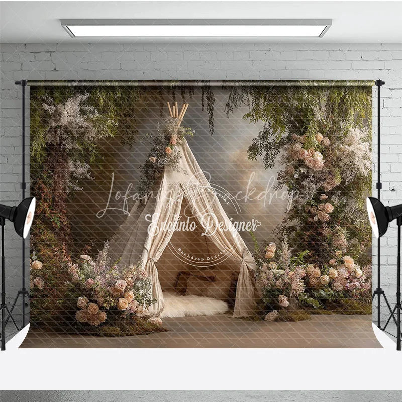 Lofaris Boho Teepee Photography Backdrop Enchanted Forest with Pink Roses Elegant Maternity or Wedding Photo Background