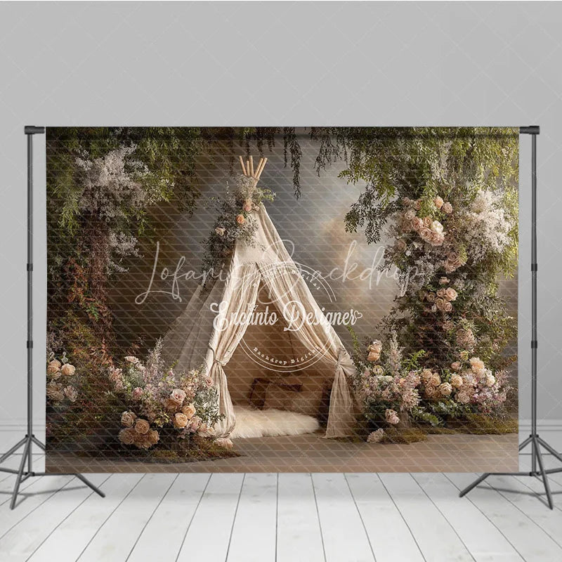Lofaris Boho Teepee Photography Backdrop Enchanted Forest with Pink Roses Elegant Maternity or Wedding Photo Background