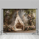 Lofaris Boho Teepee Photography Backdrop Enchanted Forest with Pink Roses Elegant Maternity or Wedding Photo Background