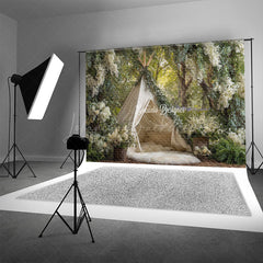 Lofaris Boho Teepee Photography Backdrop in an Enchanted Forest White Floral Greenery Outdoor Wedding Photo Background