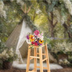 Lofaris Boho Teepee Photography Backdrop in an Enchanted Forest White Floral Greenery Outdoor Wedding Photo Background