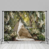 Lofaris Boho Teepee Photography Backdrop in an Enchanted Forest White Floral Greenery Outdoor Wedding Photo Background