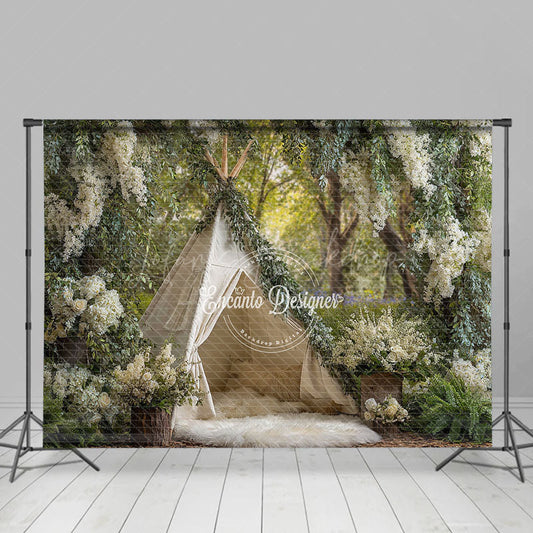 Lofaris Boho Teepee Photography Backdrop in an Enchanted Forest White Floral Greenery Outdoor Wedding Photo Background