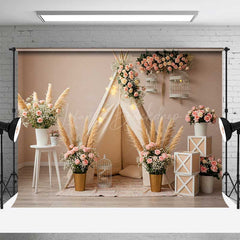 Lofaris Boho Teepee Wedding Photography Backdrop Pampas Grass and Pink Roses Indoor Bridal Shower or Engagement Photo Prop