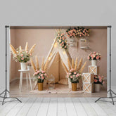 Lofaris Boho Teepee Wedding Photography Backdrop Pampas Grass and Pink Roses Indoor Bridal Shower or Engagement Photo Prop