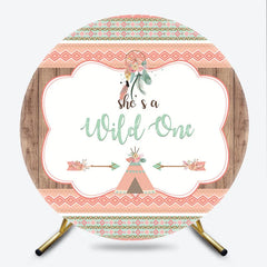 Lofaris Boho Tribal Wild One Round Backdrop with Dreamcatcher and Teepee Peach Mint Green First Birthday Party Decor