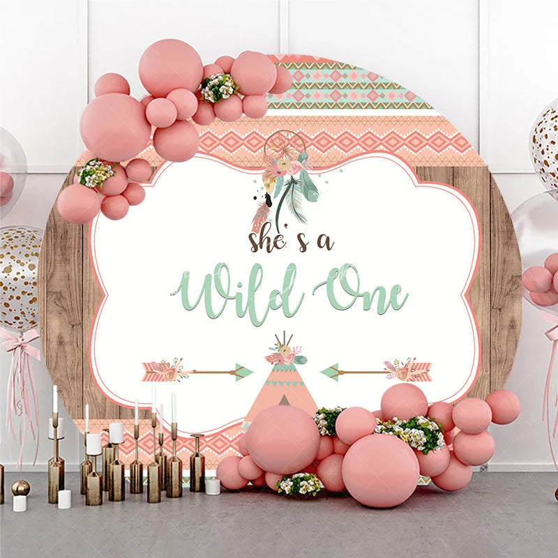 Lofaris Boho Tribal Wild One Round Backdrop with Dreamcatcher and Teepee Peach Mint Green First Birthday Party Decor