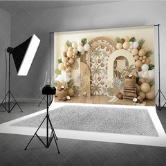 Lofaris Boho Tropical Palm Tree and Coconut Photography Backdrop Arched Design with Neutral Balloons for Party