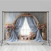 Lofaris Boho Wedding Arch Backdrop Round Wood with Blue Drapes Pink Floral Bridal Shower Photo Prop
