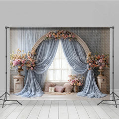 Lofaris Boho Wedding Arch Backdrop Round Wood with Blue Drapes Pink Floral Bridal Shower Photo Prop
