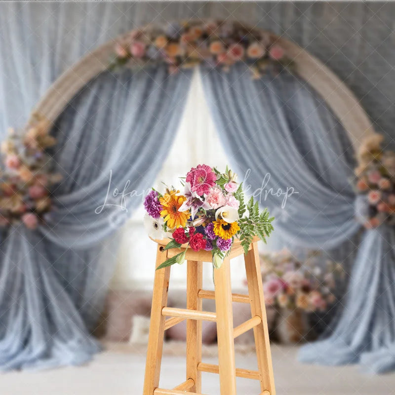 Lofaris Boho Wedding Arch Backdrop Round Wood with Blue Drapes Pink Floral Bridal Shower Photo Prop