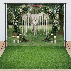Lofaris Boho Wedding Combo Set Backdrop Wooden Arch Macrame Floral Green Grass Floor Background Bridal Shower Photography