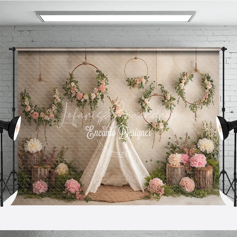 Lofaris Boho Wedding Photography Backdrop Lace Teepee with Floral Hoops Rustic Chic Party Photo Booth Background