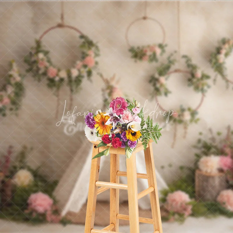 Lofaris Boho Wedding Photography Backdrop Lace Teepee with Floral Hoops Rustic Chic Party Photo Booth Background