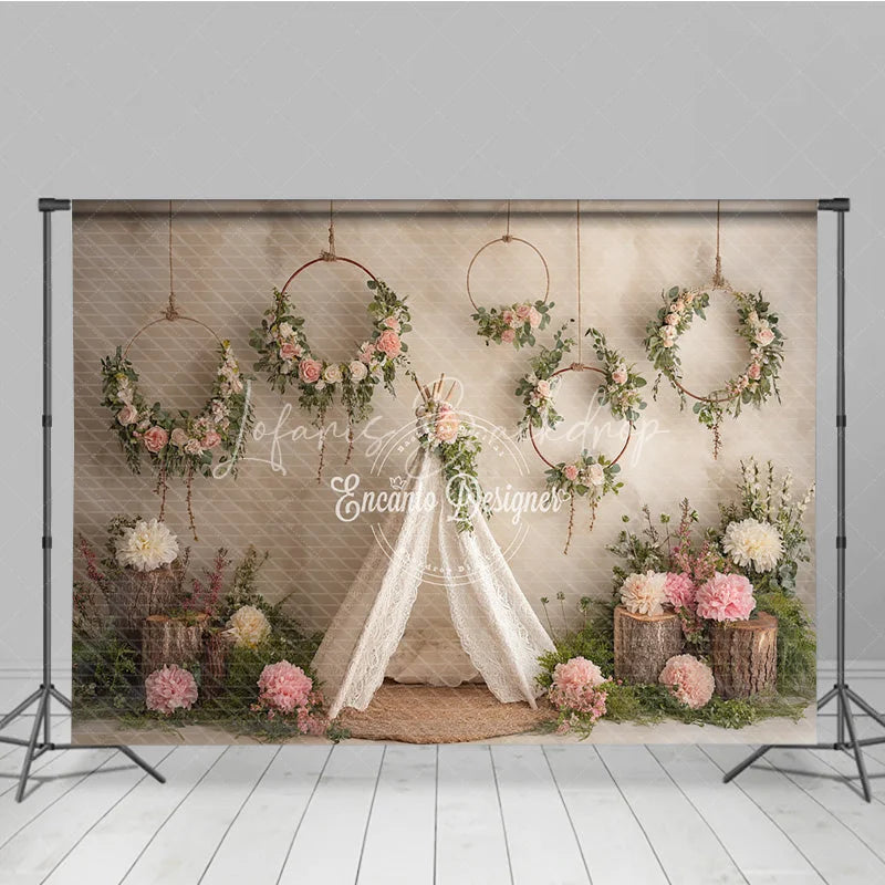 Lofaris Boho Wedding Photography Backdrop Lace Teepee with Floral Hoops Rustic Chic Party Photo Booth Background