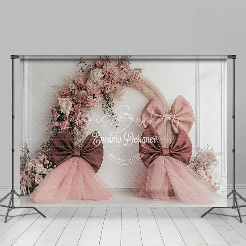 Lofaris Boho Wedding Photography Backdrop with Large Bows Pink Dried Floral Arch Modern Bridal Shower Photo Booth