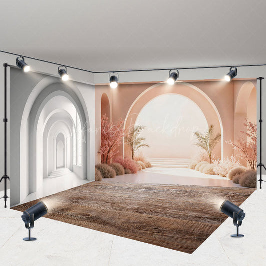 Lofaris Boho White Pink Arched Wood Floor Room Set Backdrop