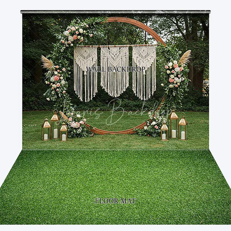 Lofaris Boho Wooden Arch Macrame Floral Combo Set Backdrop featuring Green Grass Floor and Golden Lanterns for Events