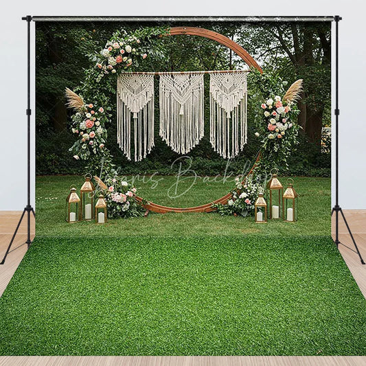 Lofaris Boho Wooden Arch Macrame Floral Combo Set Backdrop featuring Green Grass Floor and Golden Lanterns for Events