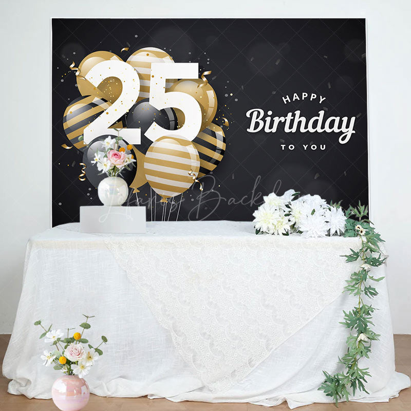 Lofaris Bokeh Balloons Black Happy 25th Birthday Backdrop