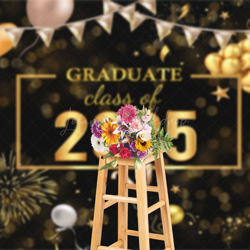 Lofaris Bokeh Black Gold Balloons Cheers Graduation Backdrop