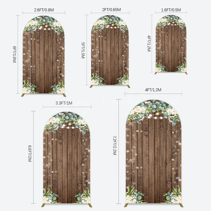 Lofaris Bokeh Greenery Light Floral Wood Grain Arch Backdrop