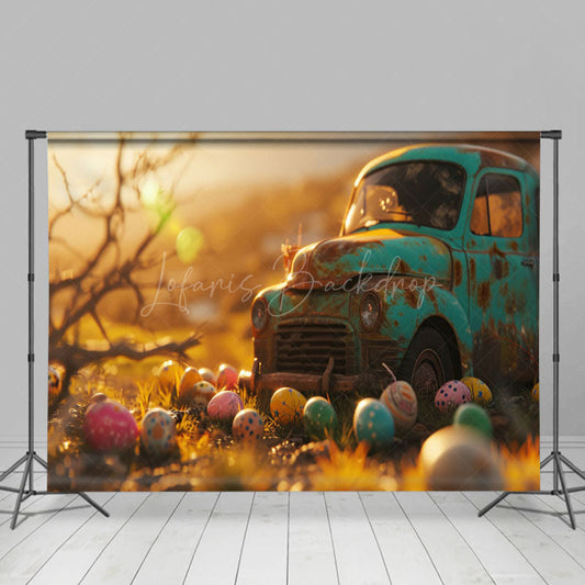 Lofaris Bokeh Sunset Retro Car Colorful Eggs Easter Backdrop